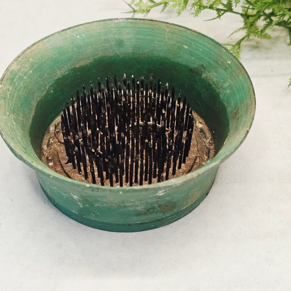 Vintage Cast Iron Metal Flower Frog Round Cup Spike Floral Holder Arranging 3.75